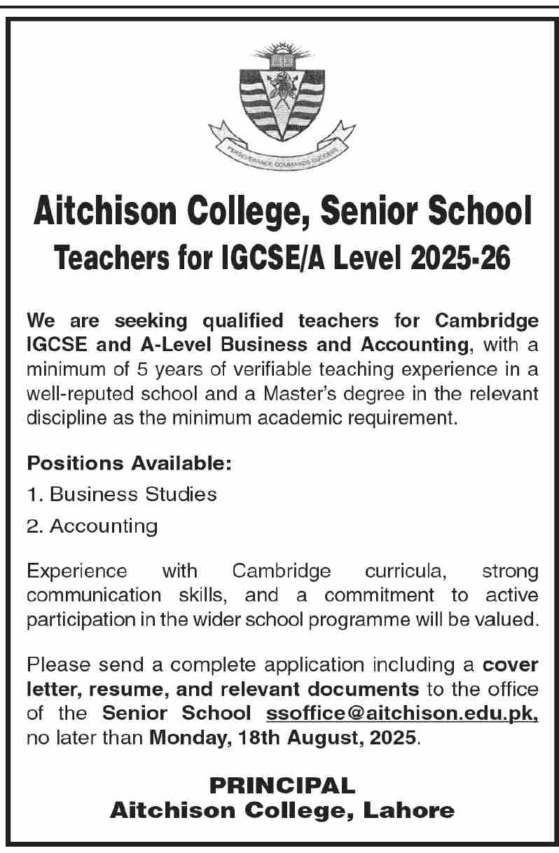 Jobs in Aitchison College Lahore